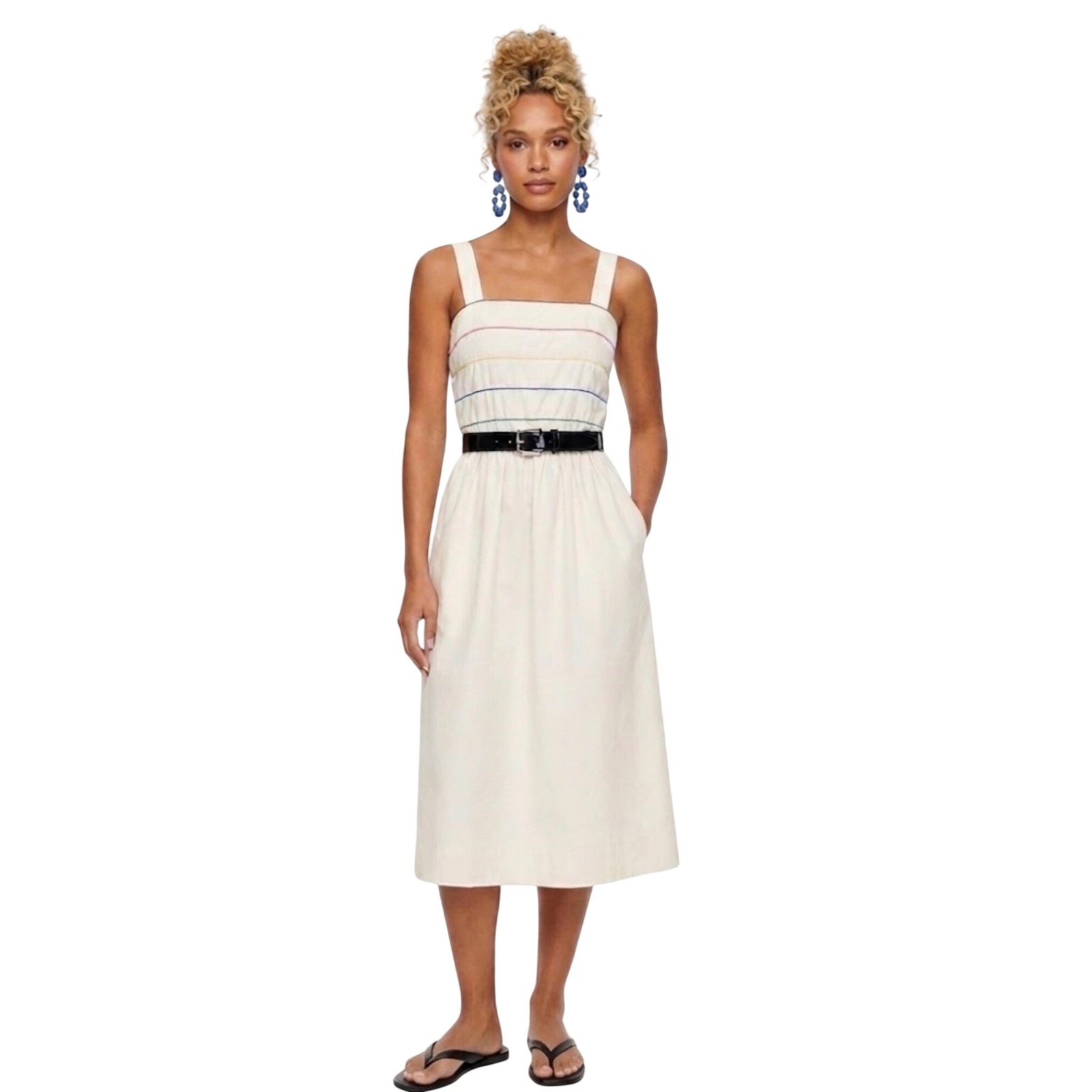 Vintage Jonathan Logan Ivory Rainbow Piping Midi Dress Pockets Size 10 Usa Made